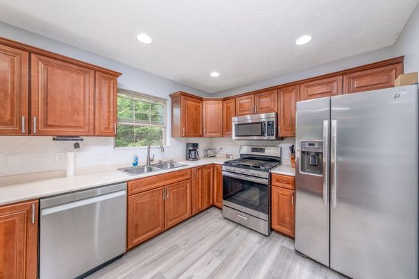 Interior, Kitchen, Recessed Lighting, Stainless Steel Appliances, Wood Texture Flooring