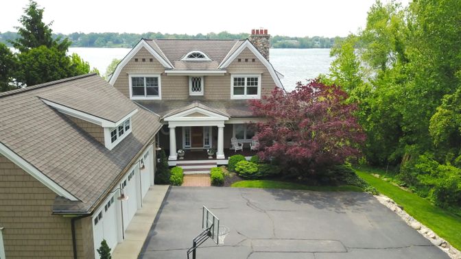 Exterior, Facade, Water, Brick Traditional