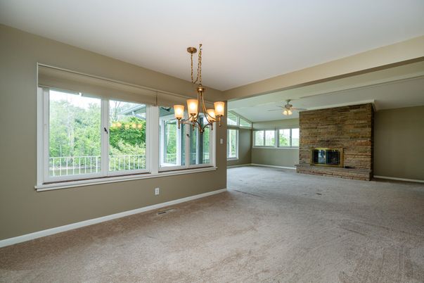 Chandelier, Empty room, Fireplace, Interior, Stone Walls