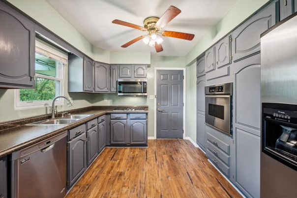 Interior, Kitchen, Stainless Steel Appliances, Wood Texture Flooring