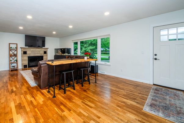 Fireplace, Interior, Recessed Lighting, Wood Texture Flooring