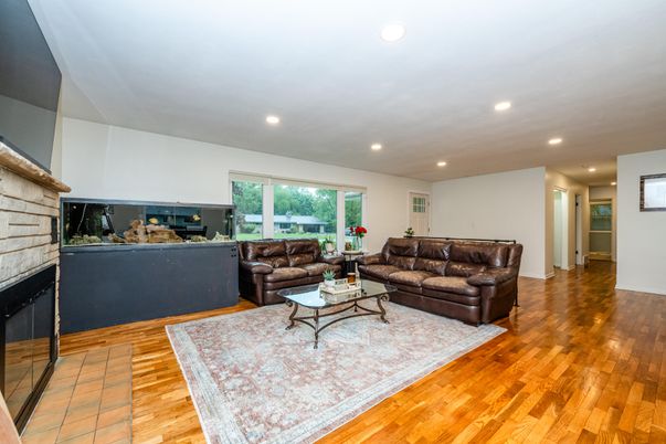 Fireplace, Interior, Living room, Recessed Lighting, Wood Texture Flooring