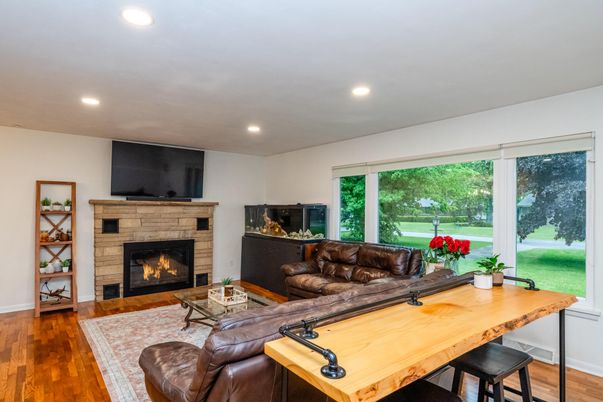 Fireplace, Interior, Living room, Recessed Lighting, Wood Texture Flooring