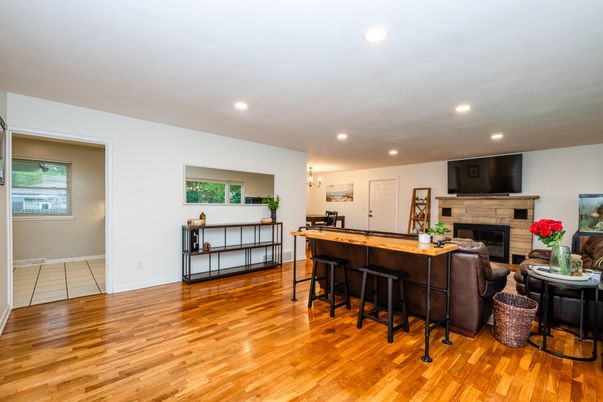 Fireplace, Interior, Recessed Lighting, Wood Texture Flooring
