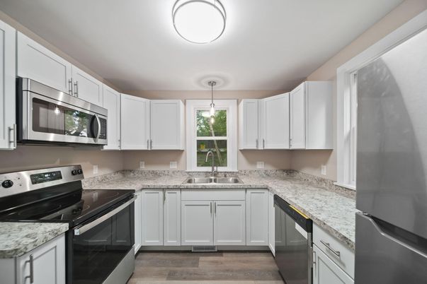 Interior, Kitchen, Pendant Lights, Stainless Steel Appliances, Wood Texture Flooring