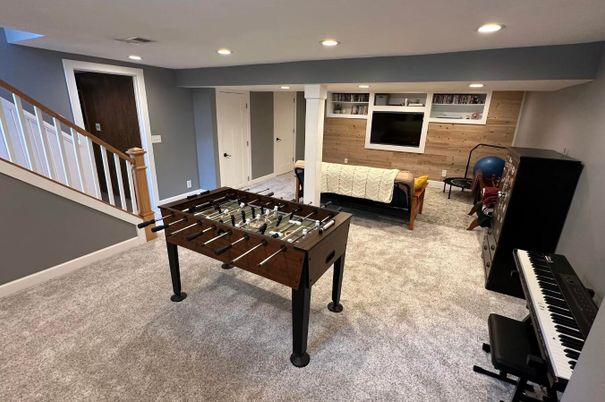 Game Room, Interior, Piano, Recessed Lighting, Wooden Walls