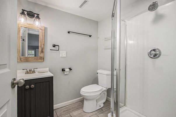 Bathroom, Glass Shower, Interior, Wood Texture Flooring