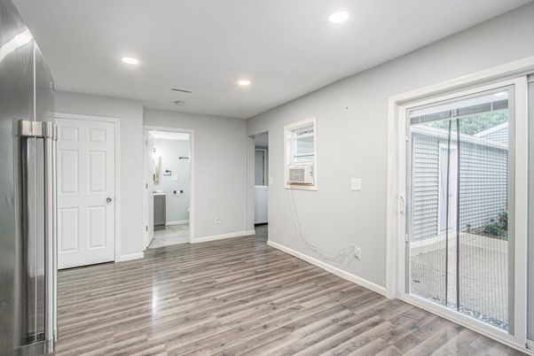 Bathroom, Empty room, Interior, Recessed Lighting, Wood Texture Flooring