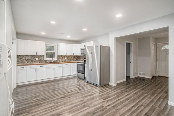 Interior, Kitchen, Recessed Lighting, Stainless Steel Appliances, Wood Texture Flooring