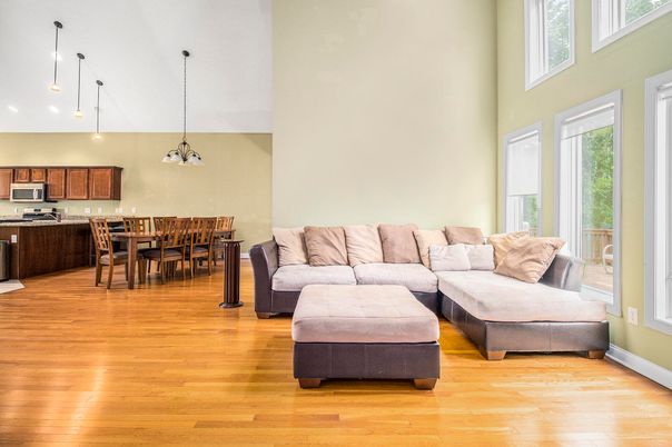 Dining room, Interior, Kitchen, Living room, Pendant Lights, Wood Texture Flooring