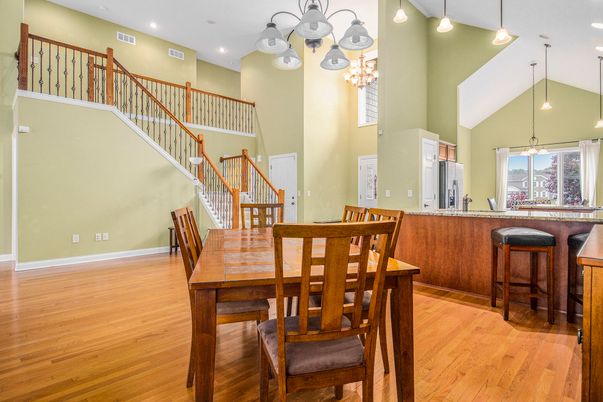 Dining room, Interior, Pendant Lights, Recessed Lighting, Wood Texture Flooring