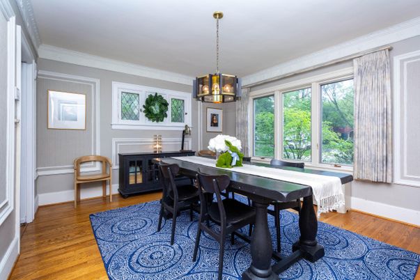 Dining room, Fireplace, Interior, Pendant Lights, Wood Texture Flooring