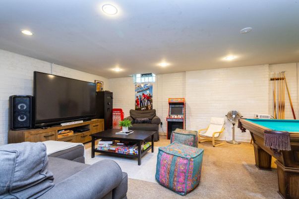 Billiard Table, Game Room, Interior, Living room, Recessed Lighting, Stone Walls