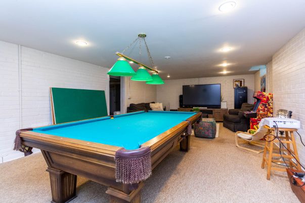 Billiard Table, Game Room, Interior, Living room, Pendant Lights, Recessed Lighting, Stone Walls