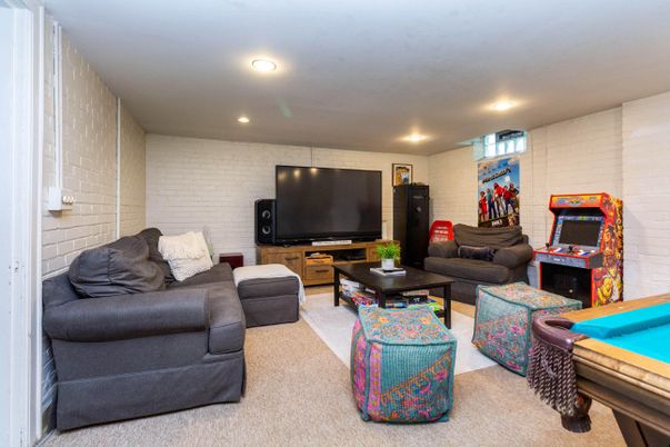 Game Room, Interior, Living room, Recessed Lighting, Stone Walls