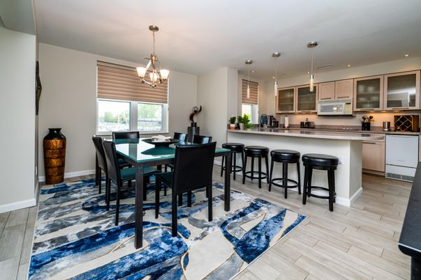 Dining room, Interior, Kitchen, Pendant Lights, Recessed Lighting, Stainless Steel Appliances, Wood Texture Flooring