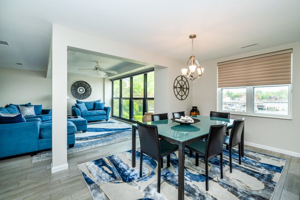Dining room, Interior, Living room, Pendant Lights, Wood Texture Flooring