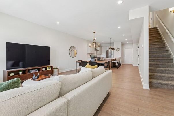 Dining room, Interior, Living room, Pendant Lights, Recessed Lighting, Wood Texture Flooring