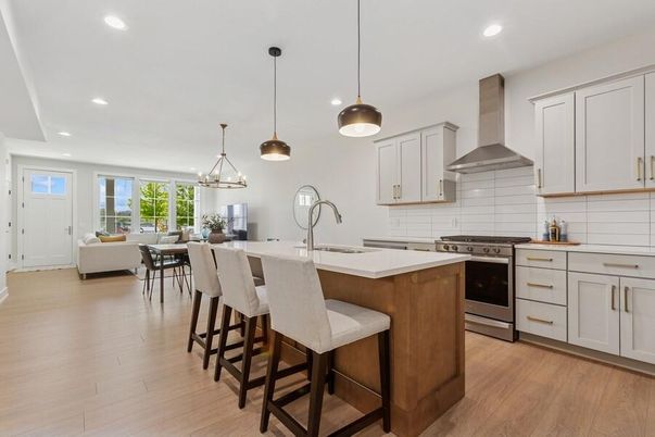 Interior, Kitchen, Living room, Pendant Lights, Recessed Lighting, Stainless Steel Appliances, Wood Texture Flooring