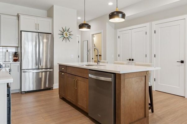 Interior, Kitchen, Pendant Lights, Recessed Lighting, Stainless Steel Appliances, Wood Texture Flooring