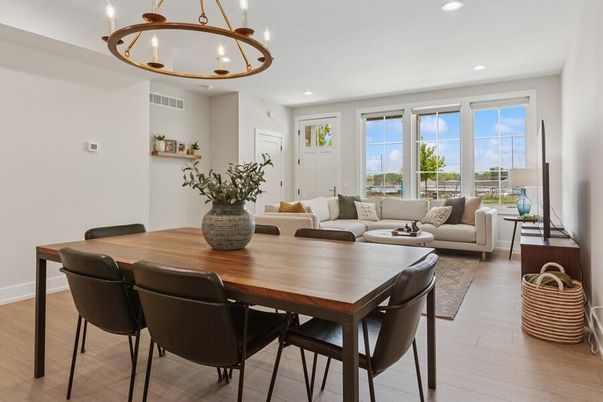 Chandelier, Dining room, Interior, Living room, Pendant Lights, Recessed Lighting, Wood Texture Flooring
