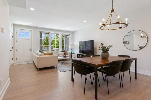 Chandelier, Dining room, Interior, Living room, Pendant Lights, Recessed Lighting, Wood Texture Flooring