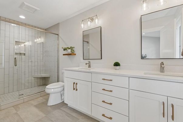 Bathroom, Dual Sink Vanities, Glass Shower, Interior, Recessed Lighting