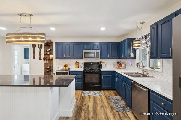 Interior, Kitchen, Pendant Lights, Recessed Lighting, Stainless Steel Appliances, Wood Texture Flooring