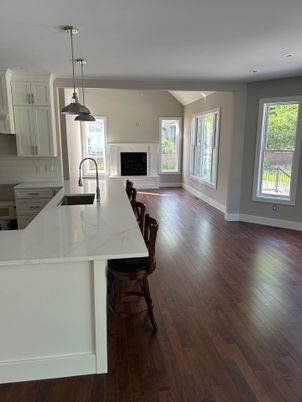 Fireplace, Interior, Kitchen, Pendant Lights, Recessed Lighting, Wood Texture Flooring