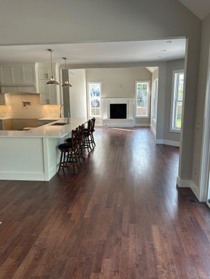 Dining room, Fireplace, Interior, Kitchen, Pendant Lights, Wood Texture Flooring