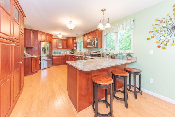 Chandelier, Interior, Kitchen, Stainless Steel Appliances, Wood Texture Flooring