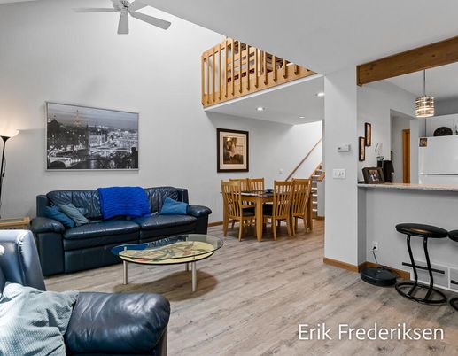 Dining room, Interior, Living room, Pendant Lights, Recessed Lighting, Wooden Beams, Wood Texture Flooring