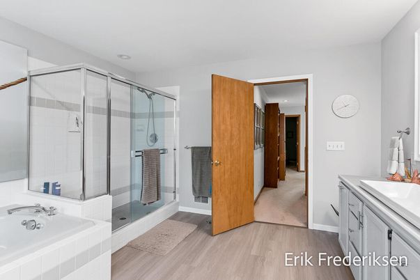 Bathroom, Glass Shower, Interior, Recessed Lighting, Wood Texture Flooring