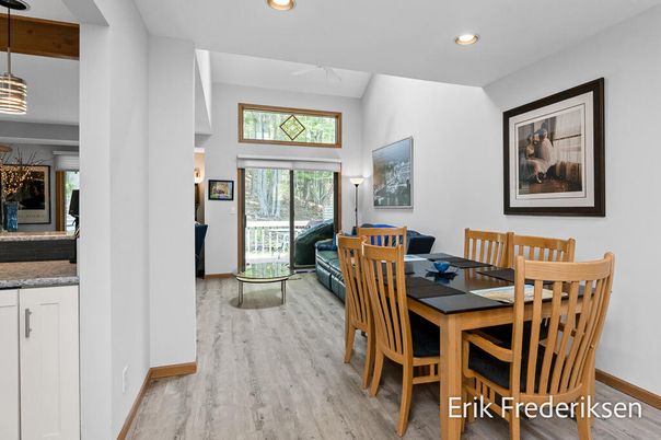 Dining room, Interior, Pendant Lights, Recessed Lighting, Wood Texture Flooring