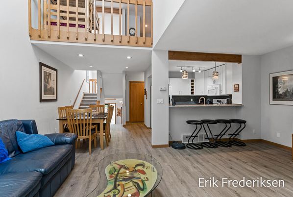 Dining room, Interior, Kitchen, Pendant Lights, Recessed Lighting, Wooden Beams, Wood Texture Flooring