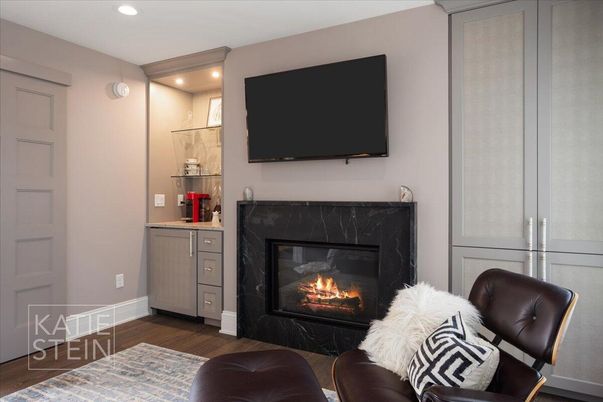 Fireplace, Interior, Recessed Lighting, Wood Texture Flooring