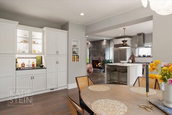 Dining room, Fireplace, Interior, Kitchen, Pendant Lights, Recessed Lighting, Wood Texture Flooring