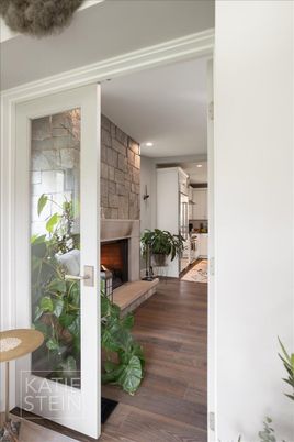 Fireplace, Interior, Recessed Lighting, Stone Walls, Wood Texture Flooring