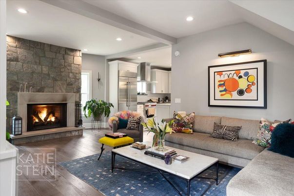 Fireplace, Interior, Kitchen, Living room, Recessed Lighting, Stone Walls, Wood Texture Flooring