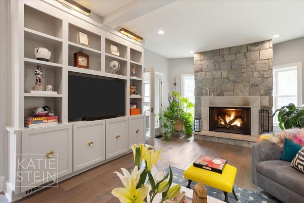 Fireplace, Interior, Living room, Recessed Lighting, Stone Walls, Wood Texture Flooring