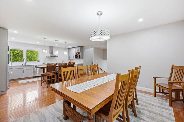 Dining room, Interior, Kitchen, Pendant Lights, Recessed Lighting, Wood Texture Flooring