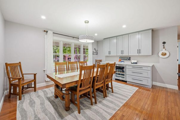 Dining room, Interior, Pendant Lights, Recessed Lighting, Wood Texture Flooring