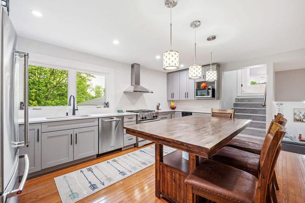 Interior, Kitchen, Pendant Lights, Recessed Lighting, Stainless Steel Appliances, Wood Texture Flooring