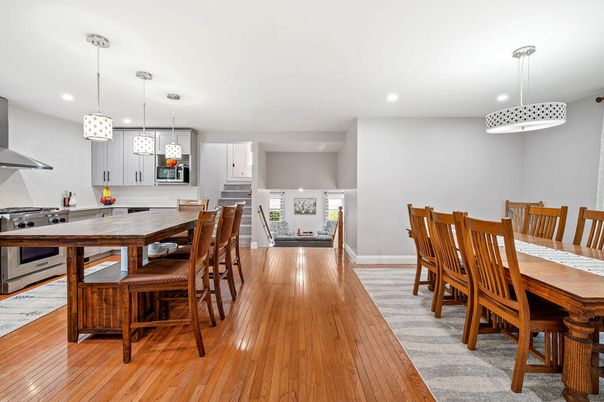 Dining room, Interior, Kitchen, Pendant Lights, Recessed Lighting, Wood Texture Flooring