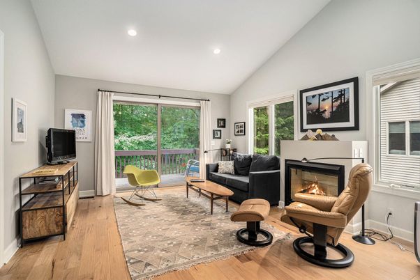 Fireplace, Interior, Living room, Recessed Lighting, Wood Texture Flooring