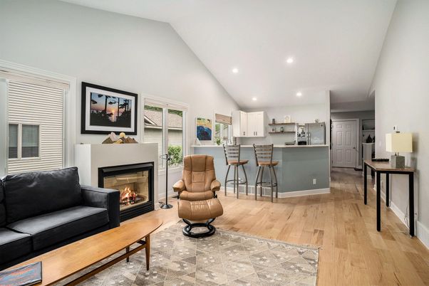 Fireplace, Interior, Kitchen, Living room, Recessed Lighting, Wood Texture Flooring