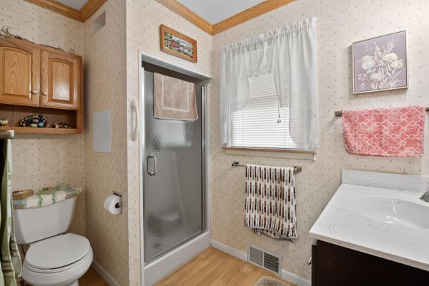 Bathroom, Glass Shower, Interior, Wood Texture Flooring