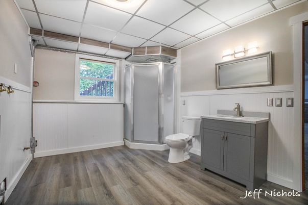 Bathroom, Glass Shower, Interior, Wood Texture Flooring