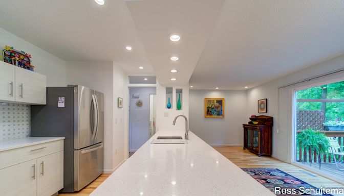 Interior, Kitchen, Recessed Lighting, Wood Texture Flooring