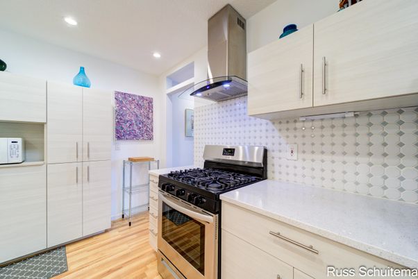 Interior, Kitchen, Recessed Lighting, Stainless Steel Appliances, Wood Texture Flooring